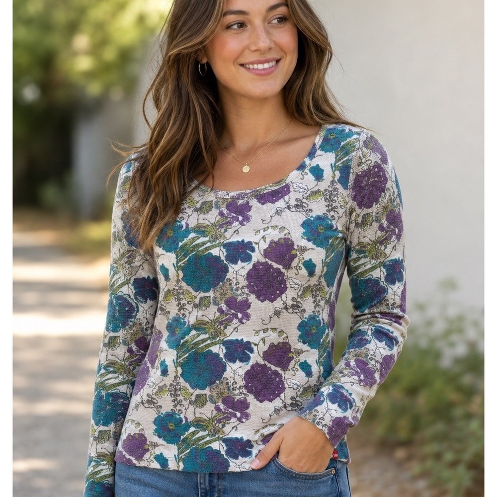 North Face Thermal Waffle Knit Top Womens Large Blue Floral Base Layer Shirt L